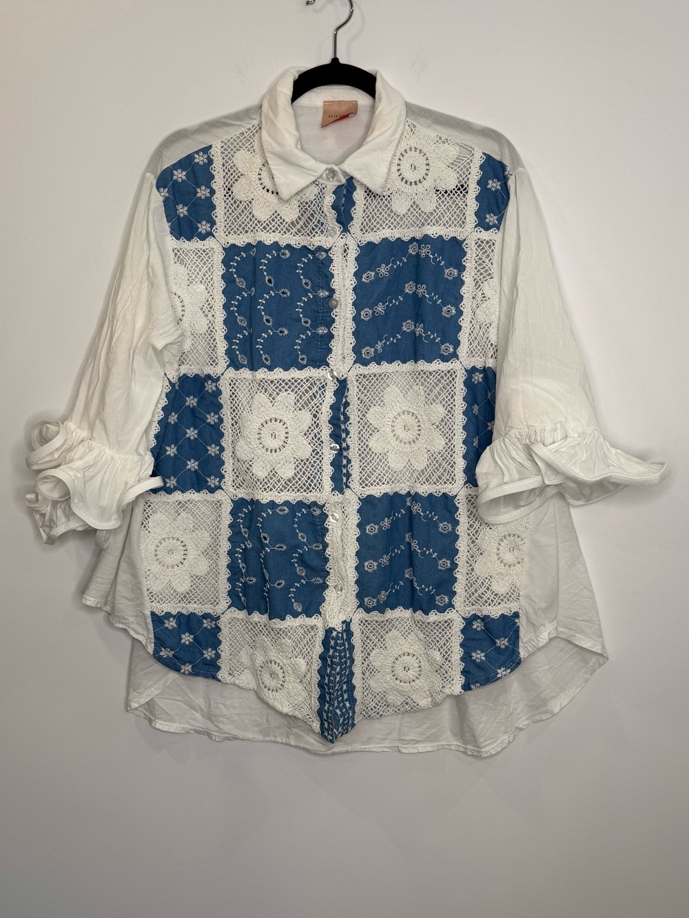 Zeta Otto White & Blue Lace Patchwork Button-Up Blouse ruffle sleeve